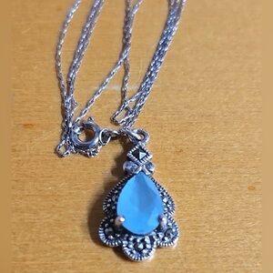 sterling silver 925 Dainty necklace teardrop blue chalcedony pendant marcasite